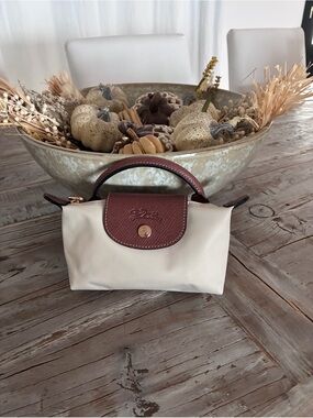 Longchamp Small Cream Nylon Cosmetic Case with Brown Leather Trim